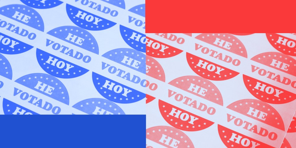 Photo illustration: Sheet of stickers that read,"he votado hoy" split into blue and red halves.