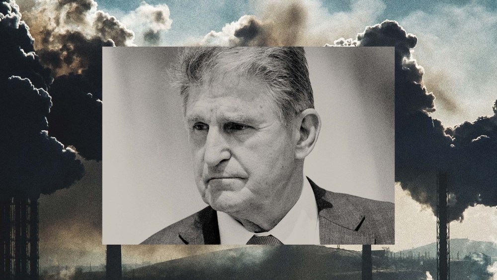 Photo illustration of smoke stacks at a coal plant and Sen. Joe Manchin, D-W.Va.
