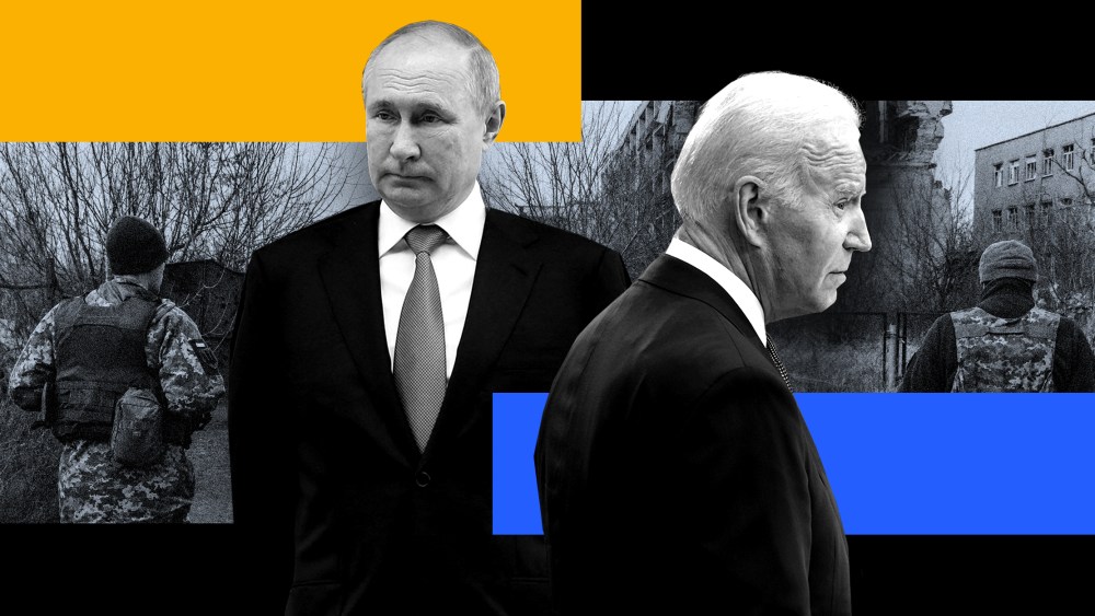 Photo illustration: Images of Vladimir Putin and Joe Biden looking in different directions against an image of soldiers walking past destroyed buildings in Ukraine.