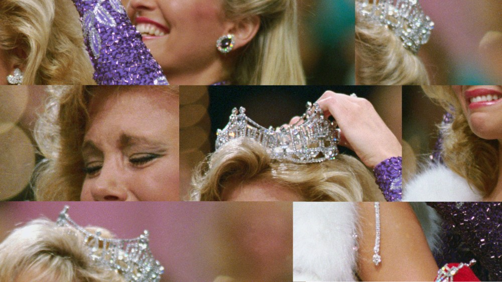 Photo collage: A mosaic of close up shots of a woman wearing a crown crowning another woman.