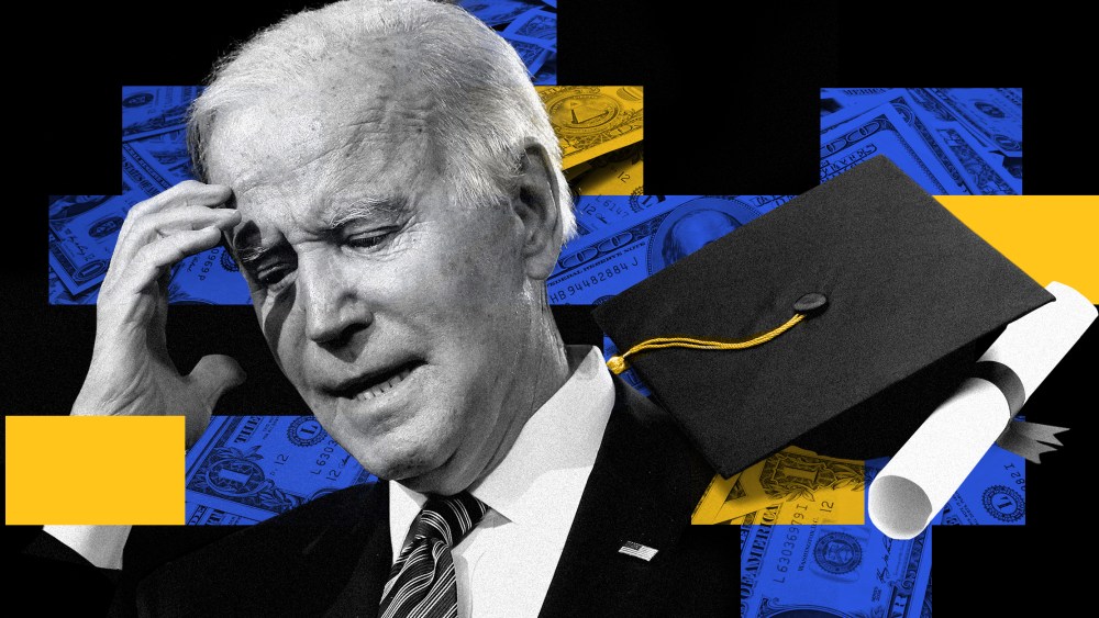 Photo illustration: Image of Joe Biden, a graduation cap and a degree against blocks showing dollar bills.