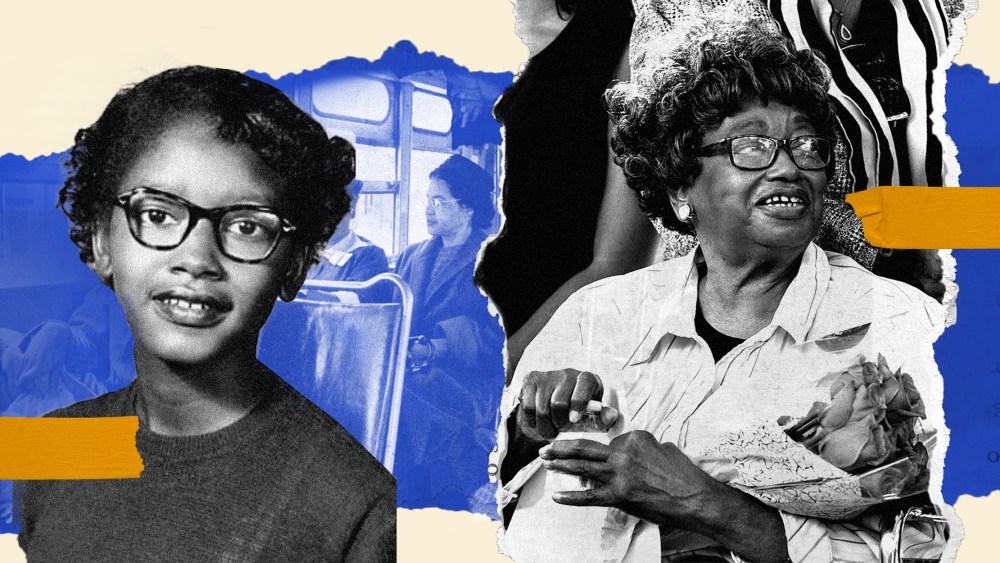 Photo illustration: Overlapping pieces of  paper show a portrait of a young Claudette Colvin from 1954, image of Rosa Parks sitting and a present day image of Colvin.