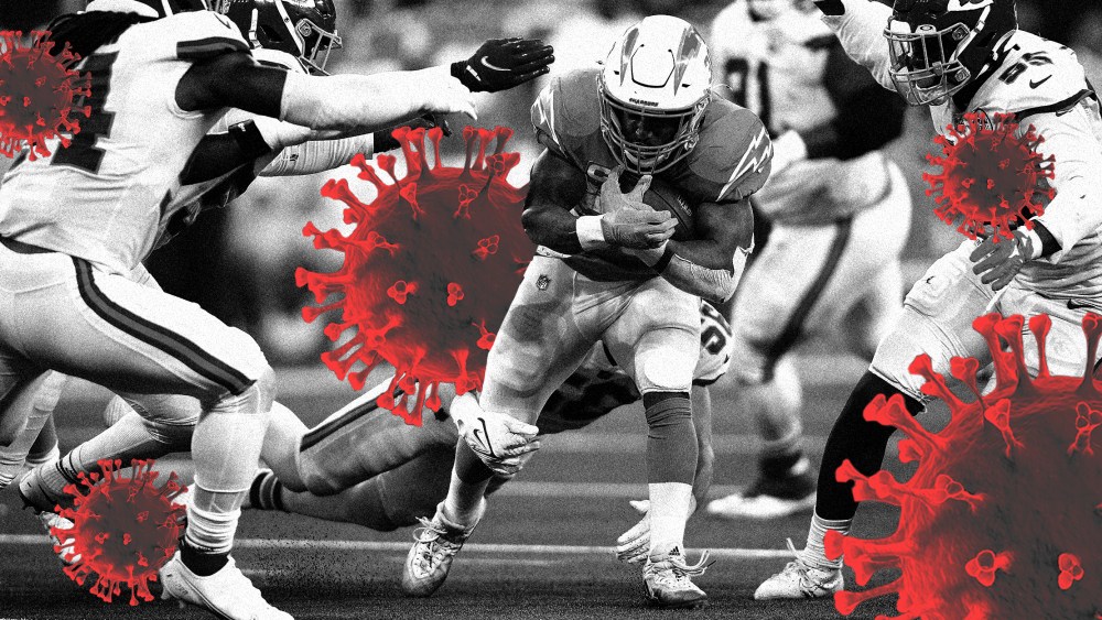Photo illustration: Red colored Covid spores over an image of NFL players.
