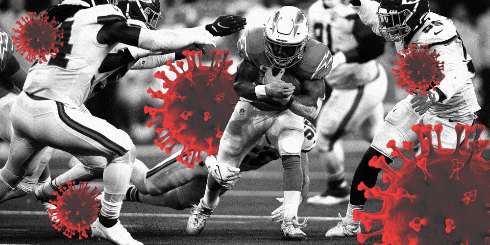 Photo illustration: Red colored Covid spores over an image of NFL players.
