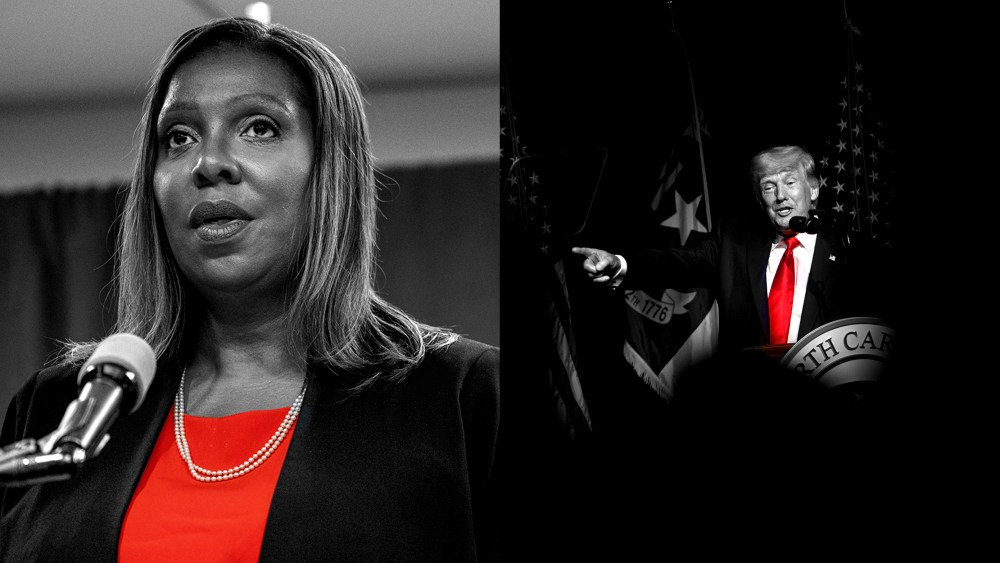 Photo illustration: Images of Letitia James speaking and Donald Trump speaking on stage pointing to the left.
