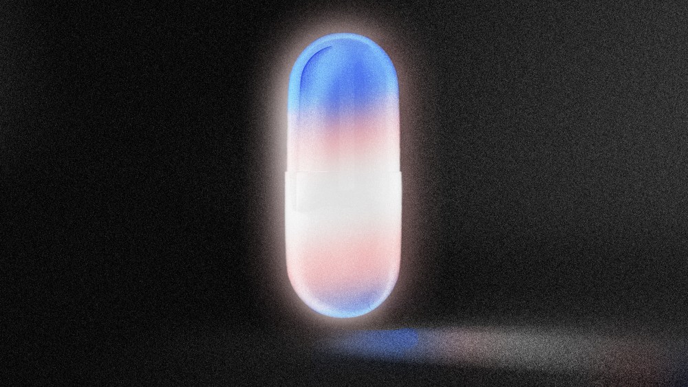 Illustration: A floating pill with the transgender pride colors glowing in a dark room.
