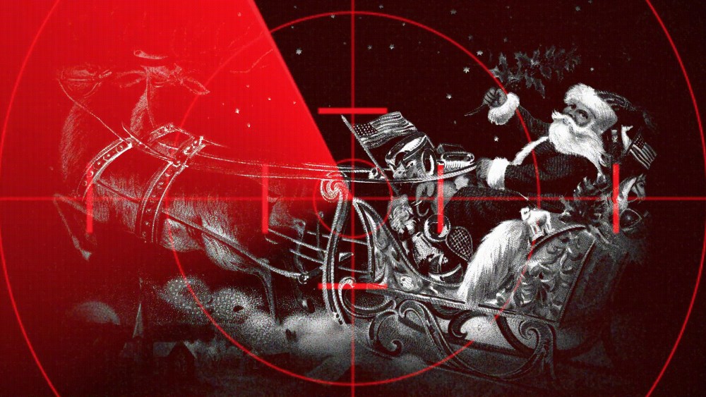 Photo illustration: A radar over a drawing of Santa Claus on his sleigh.