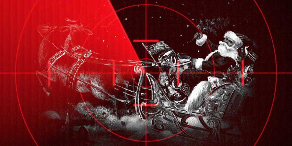 Photo illustration: A radar over a drawing of Santa Claus on his sleigh.