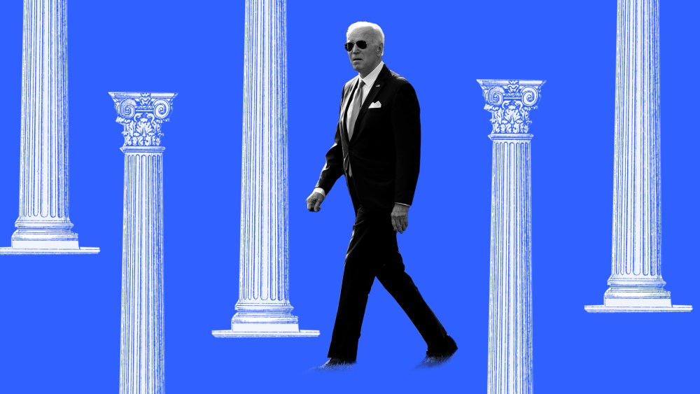 Photo illustration: Joe Biden walking with pillars surrounding him.
