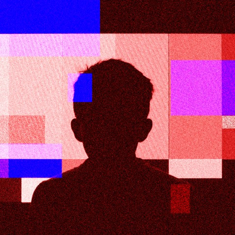 Photo illustration: A silhouette of a person in front of static screen.