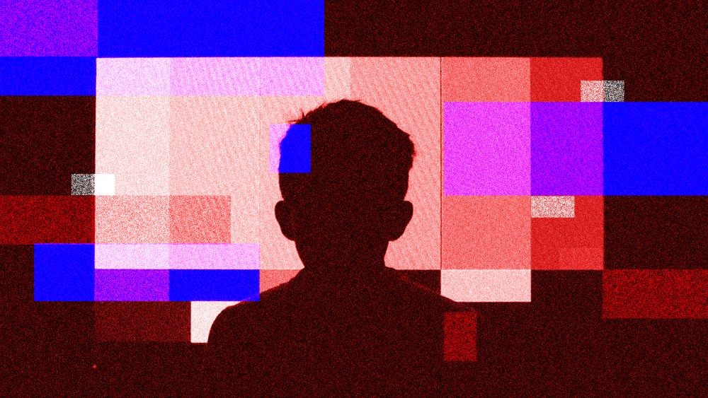 Photo illustration: A silhouette of a person in front of static screen.
