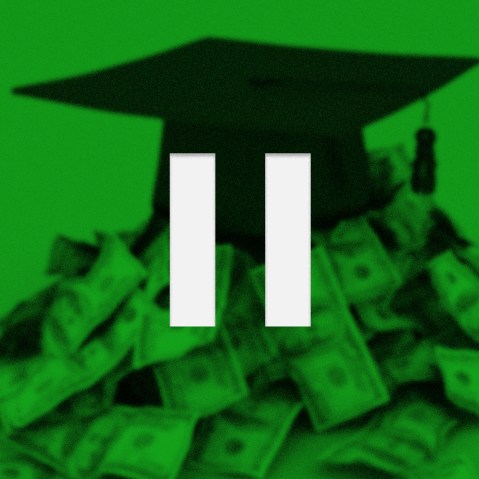 Photo illustration: A pause symbol over a green blurred photo of a graduation cap sitting over a pile of money.