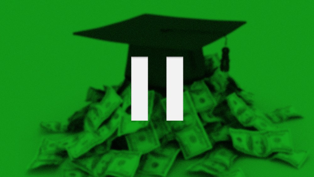Photo illustration: A pause symbol over a green blurred photo of a graduation cap sitting over a pile of money.