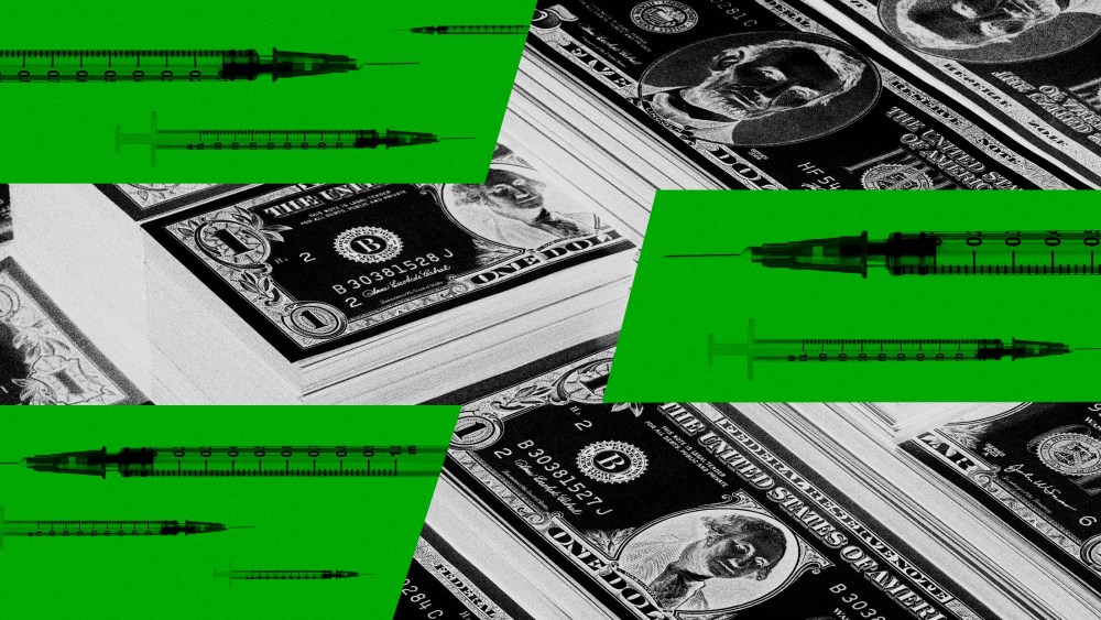 Illustration of vaccine syringes and stacks of American money.
