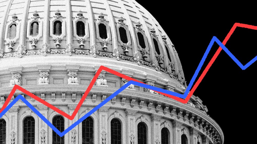 Photo illustration: Red and blue graphs over the Capitol dome.