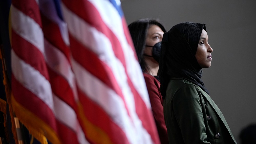 Image: Ilhan Omar attends a news conference on Capitol Hill.
