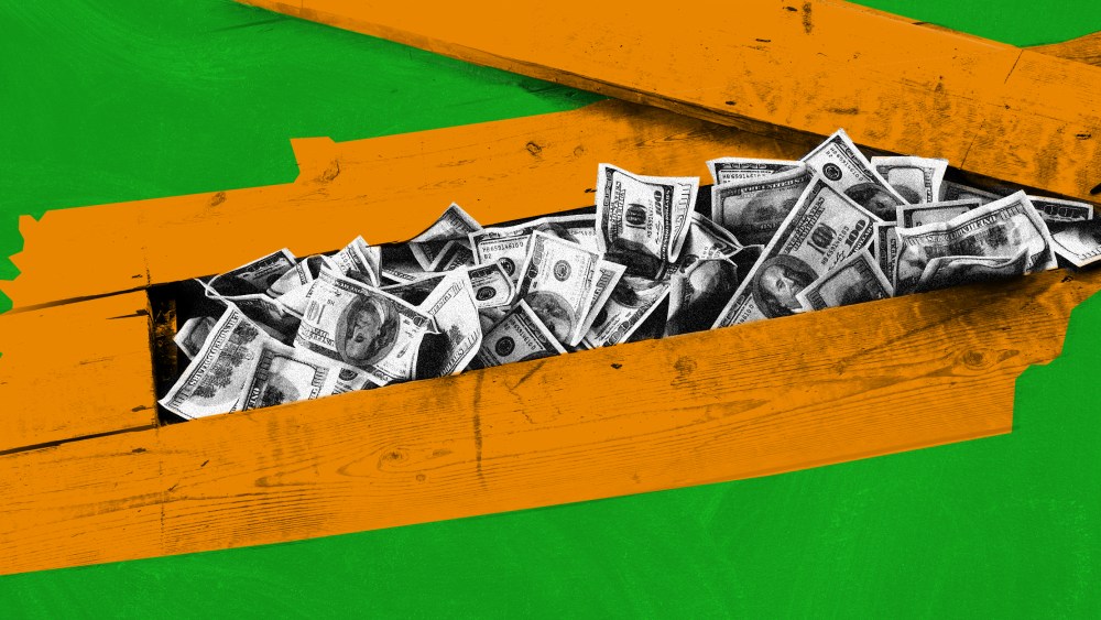 Photo illustration: Money stashed under a floorboard inside the state map of Tennessee.