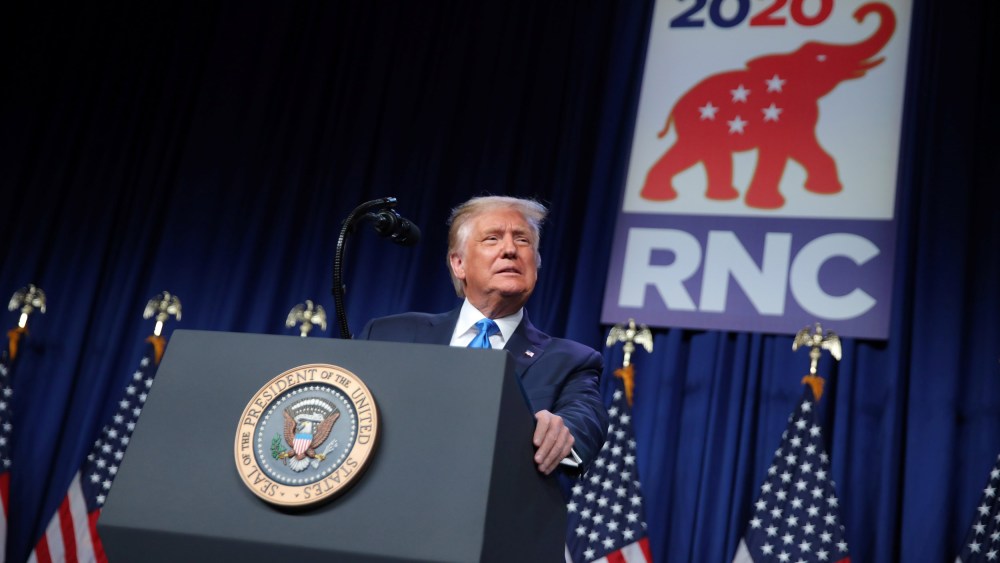 President Donald Trump addresses the first day of the Republican National Convention on Aug. 24, 2020.