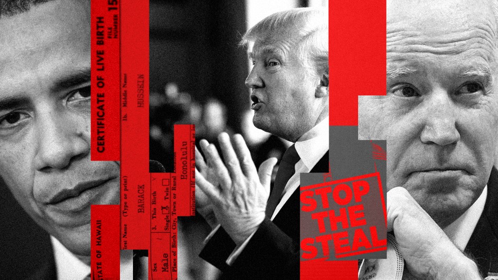Photo illustration: Red colored strips over an images of Barack Obama, Donald Trump and Joe Biden show parts of a document that read,"State of Hawaii. Certificate of Live Birth." to the left and "Stop the Steal" to the right.