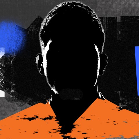 Photo illustration: Silhouette of a man in an orange shirt against bars in the background.
