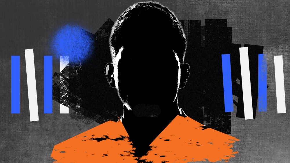 Photo illustration: Silhouette of a man in an orange shirt against bars in the background.