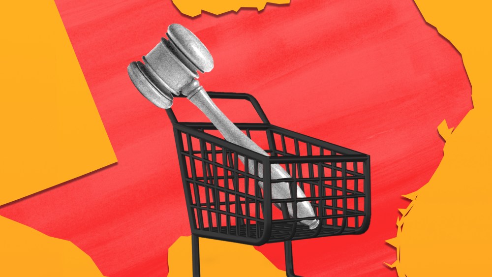 Photo illustration: A shopping cart with a gavel over the state map of Texas.
