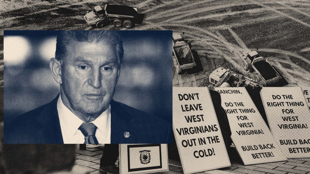 Photo illustration of Sen. Joe Manchin, D-W.Va., and trucks carrying coal, and protesters asking for Manchin to help pass the "Build Back Better" bill.