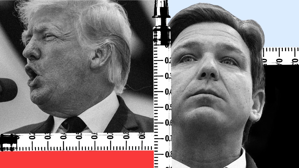 Photo illustration: Vaccine syringes diving images of Donald Trump and Ron DeSantis looking in different directions.
