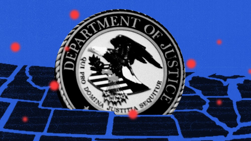Photo illustration: The seal of the Department of Justice sits between state boundaries with blurry red dots hovering above the states.