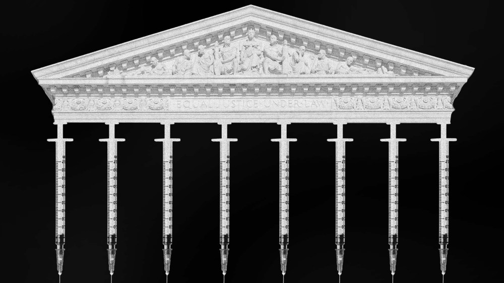 Photo Illustration: Vaccine syringes hold up the roof of the Supreme Court
