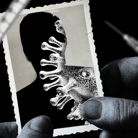Photo illustration: A hand holding a photograph that shows the silouette of a person revealing a Covid spore. Blurred vaccine syringes float around it.