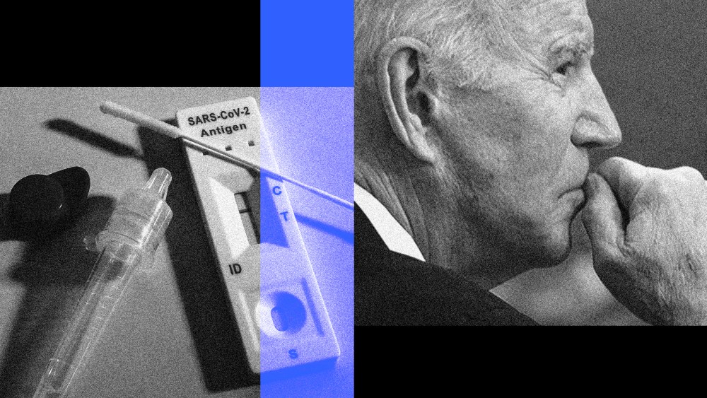 Photo illustration: Image of a rapid antigen self testing kit for Covid-19 with nasal swabs, tube and detection device and next to an image of Joe Biden.