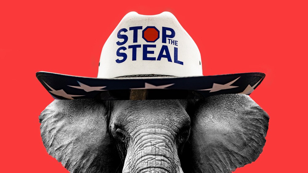 Photo illustration: A elephant wearing a hat that reads,"Stop the Steal".