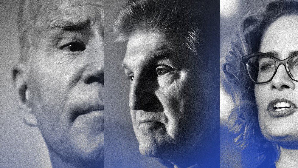 Photo illustration: Images of Joe Biden, Joe Manchin and Kyrsten Sinema