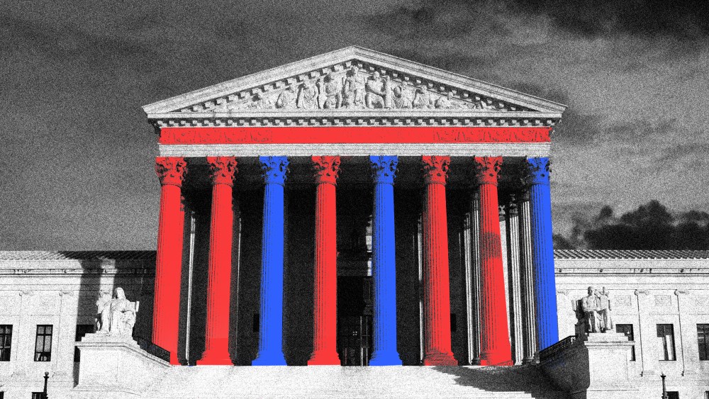 Photo illustration: Five pillars of the U.S. Supreme Court and the strip above are colored red and three pillars are blue.
