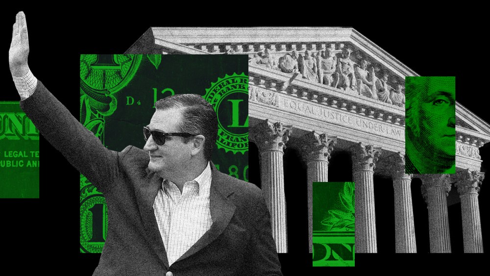 Photo illustration: Photo of Ted Cruz waving against the silhouette of the Supreme Court and green and black colored strips that show parts of a dollar bills.