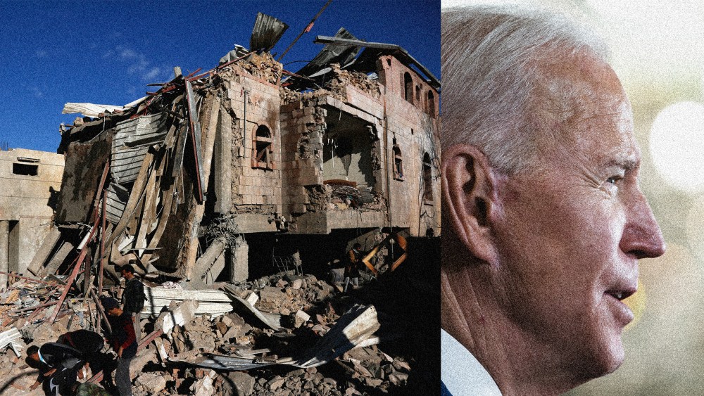 Image of people inspecting the scene of an aerial attack next to an image of Joe Biden looking away.