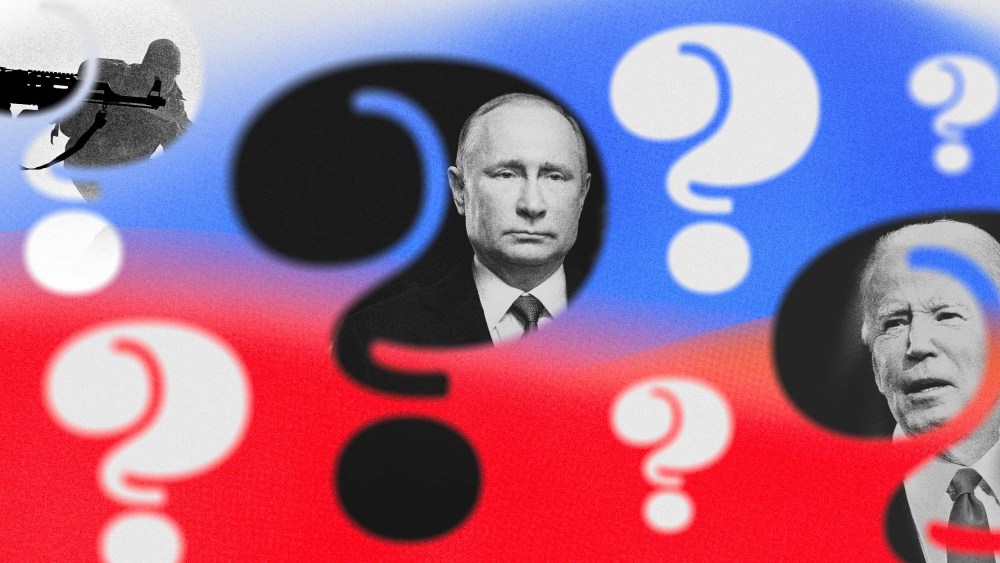 Photo Illustration of question marks with Russian President Vladimir Putin, President Joe Biden and troops in the Ukraine.