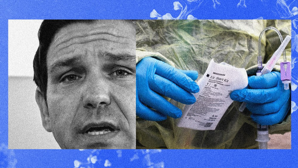Photo illustration: A thick border with floating Covid-19 spores aroundimages of Ron Desantis and a healthcare worker preparing an infusion of monoclonal antibody treatment.