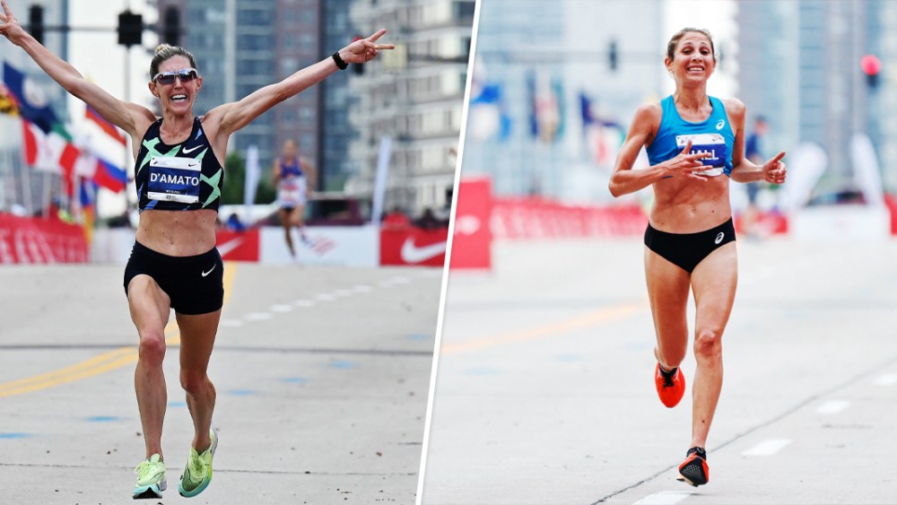 Image: Keira D'Amato, left, and Sara Hall at 2021 Chicago Marathon.