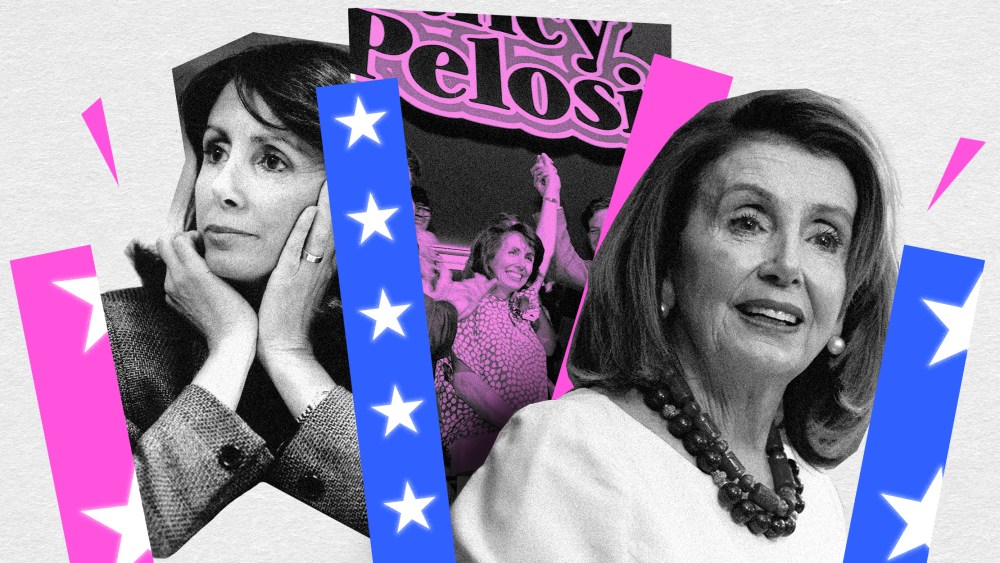 Photo collage with image of Nancy Pelosi from 1987, of her celebrating a win and a current image of her surrounded by pink and blue sticks with glowing stars on them.