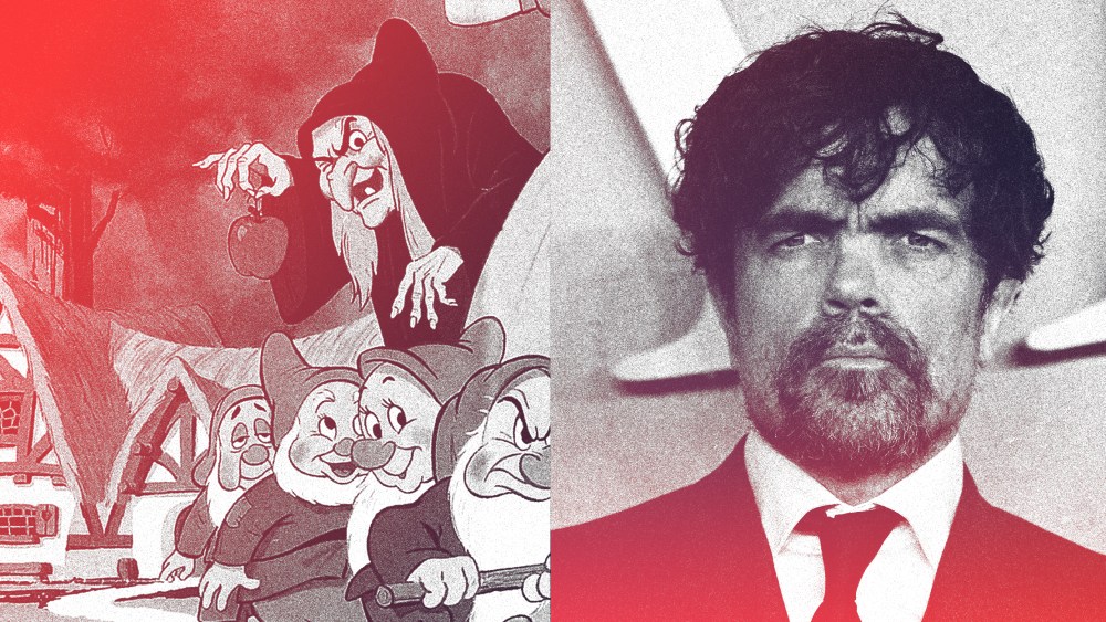 Photo illustration: A still from Snow White and the Seven Dwarves showing the witch behind the dwarves and an image of Peter Dinklage.