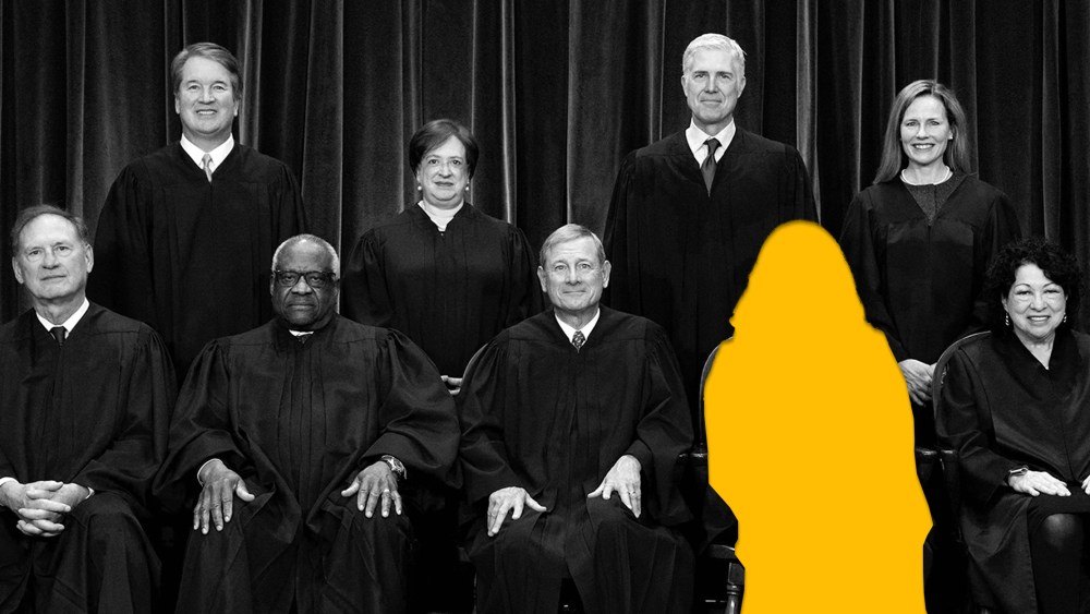 Photo illustration: Photo of the Neil Gorsuch, Amy Coney Barrett standing behind John Roberts, a cutout silouette of a woman and Sonia Sotomayor.