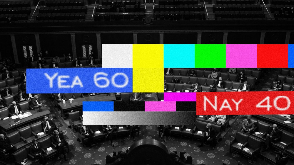 Photo illustration: Television color bars with one bar reading,"Yea 60" and another one that reads,"Nay 40" over an image of the Senate floor.