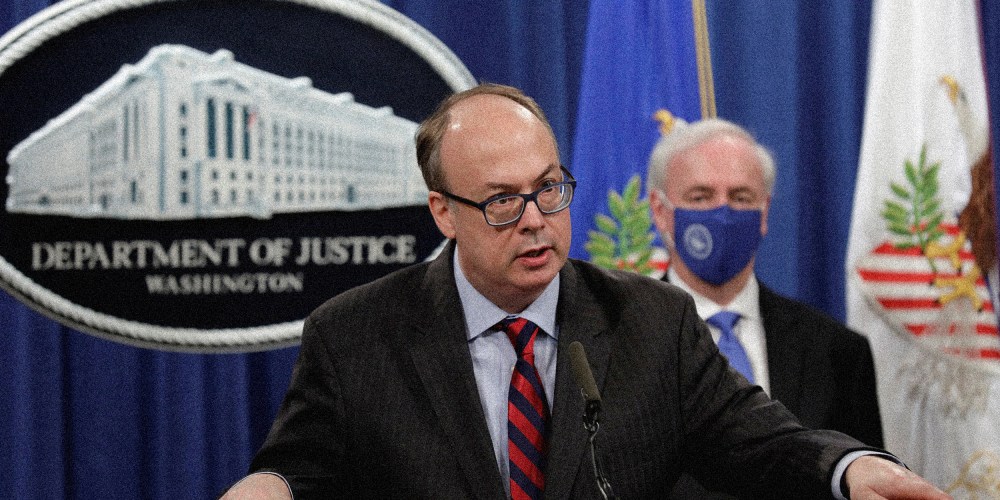 Image: Acting Assistant U.S. Attorney General Jeffrey Clark speaks next to Deputy U.S. Attorney General Jeffrey Rosen at a news conference, 2020.