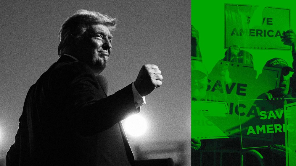Photo Illustration of former President Donald Trump at a campaign rally and Trump supporters holding signs that say "Save America."