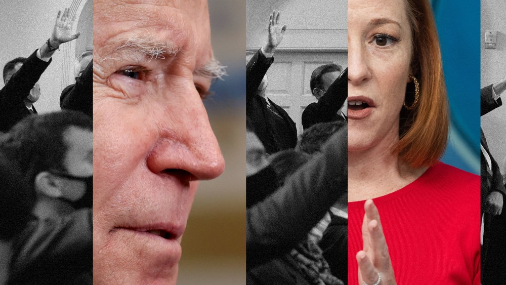 Photo collage: Image of reporters raise their hands during a news conference in the Brady Press Briefing Room at the White House interspersed with close-up images of Joe Biden and Jen Psaki.