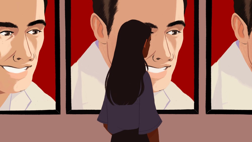 Illustration of a Latina woman with dark skin looking at movie posters of John Leguizamo, who has lighter skin.