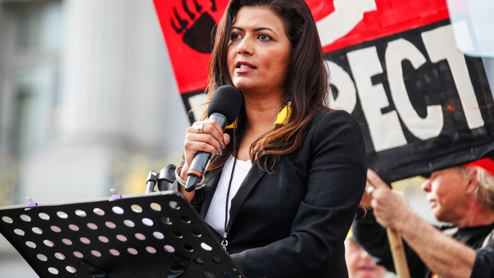 Mona Shaikh speaks at the Women's March in San Francisco on Jan. 19, 2019.