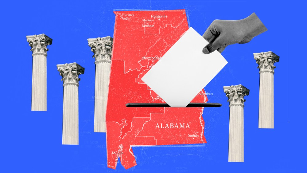 Photo illustration: A hand casting a ballot against the map of Alabama interspersed with cutouts of five pillars.